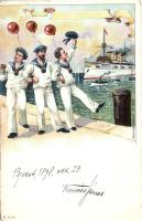 1898 Drunk mariners, humour, litho, 1898 Részeg tengerészek, humor, litho