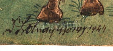 Szolnay György: Tettenérés. Vegyes technika, papír, jelzett, 29×33 cm