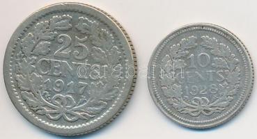 Hollandia 1917. 25c Ag + 1928. 10c Ag T:3
Netherlands 1917. 25 Cents Ag + 1928. 10 Cents Ag C:F