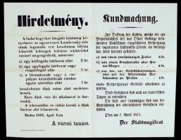 1871 Buda, A városi tanács által kiadott német-magyar nyelvű hirdetmény, melyben engedélyezik locsoltatási díj szedését