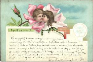 1899 Children kiss, flowers, Art Nouveau litho