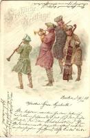 1898 Német zenekar fúvós és vonós hangszerekkel, T.S.N. Aquarell-Postkarte Serie IV. No. 5399. litho, 1898 Fröhliche Festtage! / Music band, trumpet, T.S.N. Aquarell-Postkarte Serie IV. No. 5399. litho