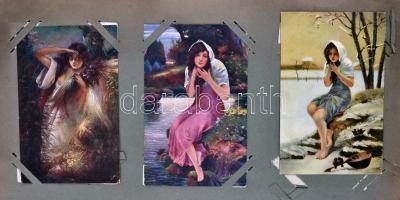 Nagy alakú régi képeslap album 89 db régi főleg erotikus művészi képeslappal (19 cm x 37 cm) / Big s...