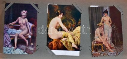 Nagy alakú régi képeslap album 89 db régi főleg erotikus művészi képeslappal (19 cm x 37 cm) / Big s...