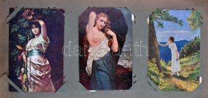 Nagy alakú régi képeslap album 89 db régi főleg erotikus művészi képeslappal (19 cm x 37 cm) / Big s...