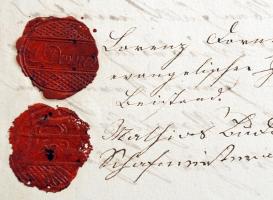 1850 Német nyelvű házassági anyakönyvi kivonat, 3 db rányomott viaszpecséttel