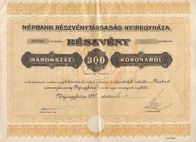 1921. Népbank Rt. Nyáregyháza részvénye 300K-ról