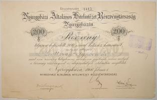 1906. Nyíregyházi Általános Hitelintézet Rt. részvénye 200K-ról