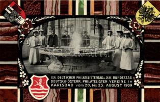 1909 Karlovy Vary, Karlsbad; XXI. Deutscher Philatelistentag und XIII. Bundestag Deutsch-Österr. Philatelisten Vereine / Germand and Austrian stam day, coat of arms, 20 Heller Ga.