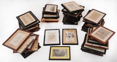 68 db érdekes képeslap üvegezett keretben, közte sok kézzel készített darabbal