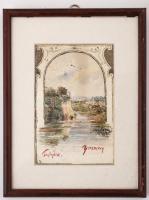 68 db érdekes képeslap üvegezett keretben, közte sok kézzel készített darabbal