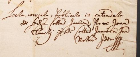 1654 Győr vármegye közgyűlése által kiállított oklevél örökösödés tárgyában, rányomott szárazpecsétt...