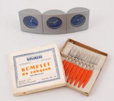 Asztali, "három az egyben" óra, hő- és páramérő műszer, jó állapotban, működik + 8 darabos lengyel süteményes villa készlet, saját dobozában