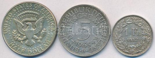 Svájc 1952B 1Fr Ag + NSZK 1965D 5M Ag + Amerikai Egyesült Államok 1966. 1/2$ Ag "Kennedy" T:2 Switzerland 1952B 1 Franc Ag + FRG 1965D 5 Mark Ag + USA 1966. 1/2 Dollar Ag "Kennedy" C:XF