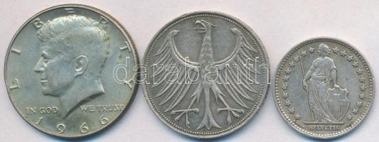 Svájc 1952B 1Fr Ag + NSZK 1965D 5M Ag + Amerikai Egyesült Államok 1966. 1/2$ Ag "Kennedy" ...