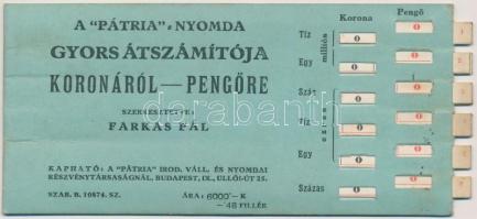 ~1920. A Pátria Nyomda Gyors Átszámítója Pengőről Koronára papír számológép