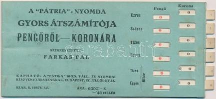 ~1920. "A Pátria Nyomda Gyors Átszámítója Pengőről Koronára" papír számológép