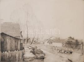 Dudás Jenő (1900-1991): Hazatérők. Rézkarc, papír, jelzett, üvegezett keretben, 28×38 cm