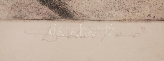 Dudás Jenő (1900-1991): Hazatérők. Rézkarc, papír, jelzett, üvegezett keretben, 28×38 cm