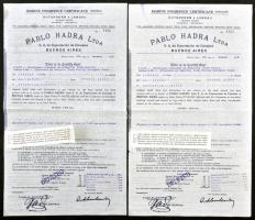 Argentína / Buenos Aires 1938. "Pablo Hadra Ltda." hajózási biztosítási igazolás érvénytelenítve, eredeti és másolati példány T:II-,III tűlyukak Argentina / Buenos Aires 1938. "Pablo Hadra Ltda." marien insurance certificate, original and duplicate C:VF,F needle holes