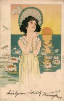 1899 Lady with water lilies, Gebr. Metz No. 620. Art Nouveau litho