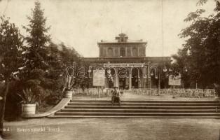 1912 Arad, Baross parki kioszk, Arad Hegyaljai szőlős gazdák egyesületének állandó borkiállítása és borkostolója, borok árjegyzéke / park kiosk, wine exhibition with price list, photo (fa)