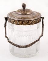 Antik keksz tartó kosár, ezüstözött fém, csiszolt üveg, jó állapotban, m:23 cm, d:11,5 cm