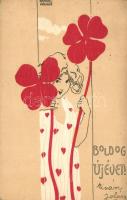 1899 Boldog újévet! / New Year, Art Nouveau greeting card, Hungarian issue (!) s: Raphael Kirchner