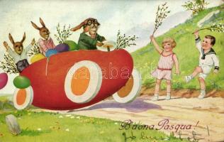 Buona Pasqua / Easter greeting card, rabbit automobile, humour
