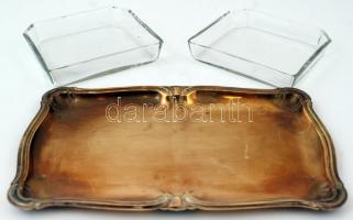 Szecessziós, kétrészes fém-üveg kínáló, jelzés nélkül, az üvegeken apróbb csorbákkal, 25,5×16 cm