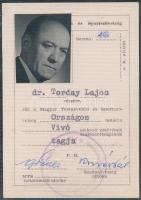 cca 1970 Torday Lajos vívó számára a Magyar Testnevelési és Sportszövetség által kiállított fényképes tagsági igazolvány