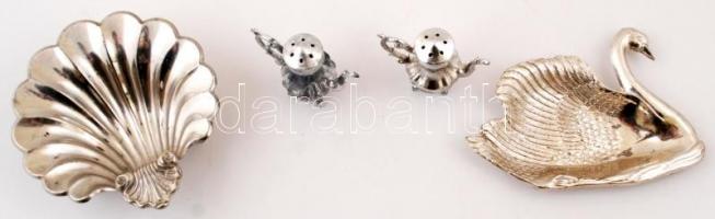 Teáskannát formázó fém edényalátét kedves mintával + 2 db fém só- vagy borsszóró + 2 db, hattyút, il...