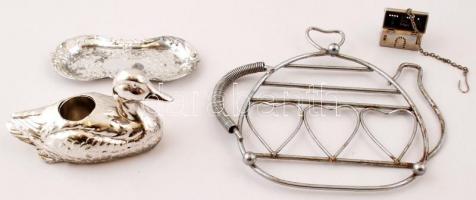 Teáskannát formázó fém edényalátét kedves mintával + 2 db fém só- vagy borsszóró + 2 db, hattyút, il...