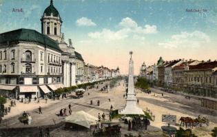 Arad, Andrássy tér, Központi divatáruház, emlékmű, üzletek / square, shops, monument