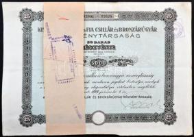 Budapest 1923. "Kissling Rudolf és Fia Csillár és Bronzárugyár Részvénytársaság" részvénye 5000K-ról, szelvényekkel, felülbélyegzéssel és szárazpecséttel T:III