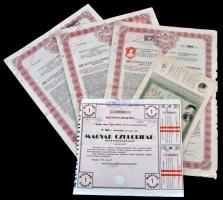 Budapest 1882. "Magyar szent korona országainak vörös-kereszt egylete" Kisorsolási kötvény 5Ft-ról osztrák pecséttel + 1914. "Budapest Székesfőváros" 4 1/2%-os Kötelezvény bemutatóra 4800K-ról (3x) mindegyik szárazpecséttel és felülbélyegzéssel + 1946. "Magyar Czukoripar - Részvénytársaság" részvényelismervény 100P névértékű részvényről, szárazpecséttel, felülbélyegzésekkel T:III