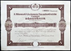 Hódmezővásárhely 1926. "Hódmező-Vásárhelyi Takarékpénztár" részvényi 20P-ről, szárazpecsét...