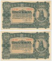 1923. 500K "Magyar Pénzjegynyomda Rt. Budapest" (2x) sorszámkövetők T:I- hajtatlanok, mindkettőn kis folt, egyiken kis hajlás és sarokhajlás Hungary 1923. 500K "Magyar Pénzjegynyomda Rt." (2x) sequential serials C:AU unfolded, both with small spot, one with small curve and folded corner Adamo K34