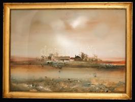 Csikós András (1947-2006): Tanya. Olaj, farost, jelzett, üvegezett keretben, 50×70 cm