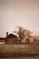 Csikós András (1947-2006): Tanya. Olaj, farost, jelzett, üvegezett keretben, 50×70 cm