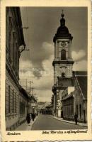 Komárom, Jókai utca, Református templom / street with church, shops (EK)