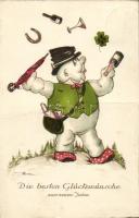 New Year, Snowman acrobat, humour, clover, horsehsoe, champagne, Pittius, artist signed (fa)