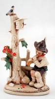 Madáretető mellett furulyázó kisfiú, Grafenthal porcelán figura, kézzel festett, jelzett, sérült, m: 19,5 cm