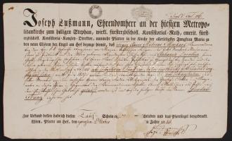 1840 Keresztlevél a bécsi Szent István templomból 30kr szignettával / Certificate for baptism from Wienna St Stephen curch, with signetta