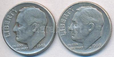 Amerikai Egyesült Államok 1946. 1D Ag + 1960D 1D Ag "Roosevelt" T:2,2-
USA 1946. 1 Dime Ag...