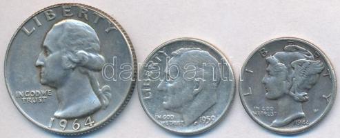 Amerikai Egyesült Államok 1944. 1D Ag "Mercury" + 1959. 1D Ag "Roosevelt" + 1964...