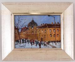 Bánfi jelzéssel:Fő tér. Olaj, farost, keretben, 17×23 cm