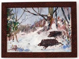 Bánfi jelzéssel: Vaddisznók. Olaj, karton, keretben, 23×32 cm