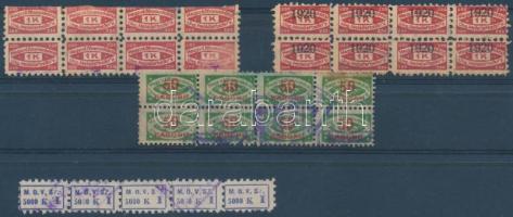 3 db nyolcastömb Magyar V. és Fémmunkás sz. magyar-német kétnyelvű tagsági bélyeg + M.O.V.SZ. 5000K ötöscsík