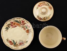 Zsolnay virág mintás kávés csésze és alj fedővel, kézzel festett, jelzett, hibátlan